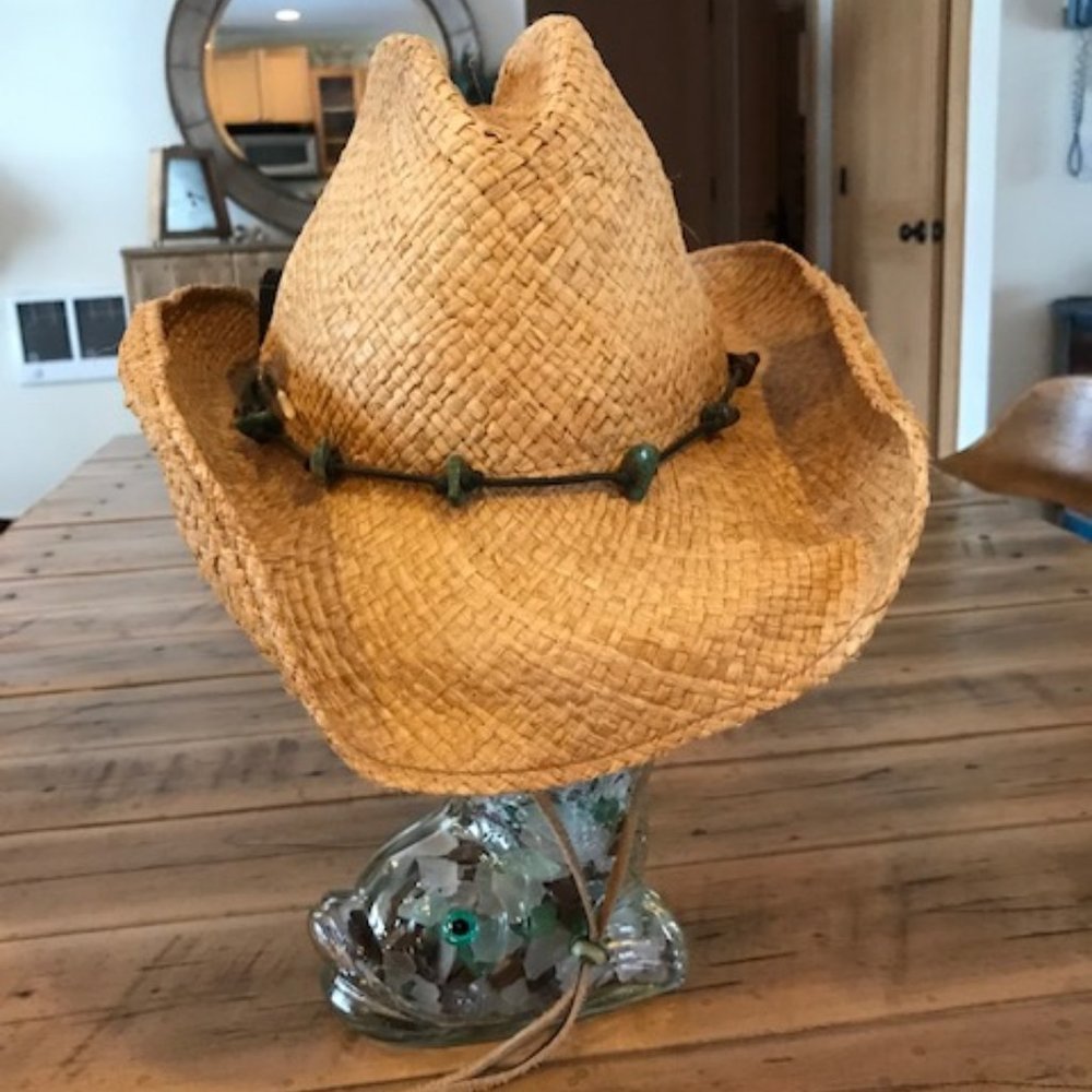 Vintage Y2K SCALA Organic Raffia Cowboy Hat with Turquoise Beaded S. Str…